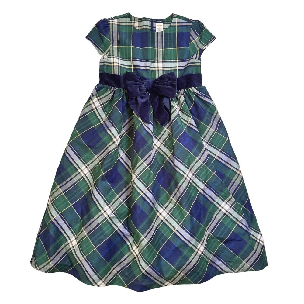 Gymboree Dress Size 12 Green Blue Plaid Holiday Velvet Bow Formal Taffeta